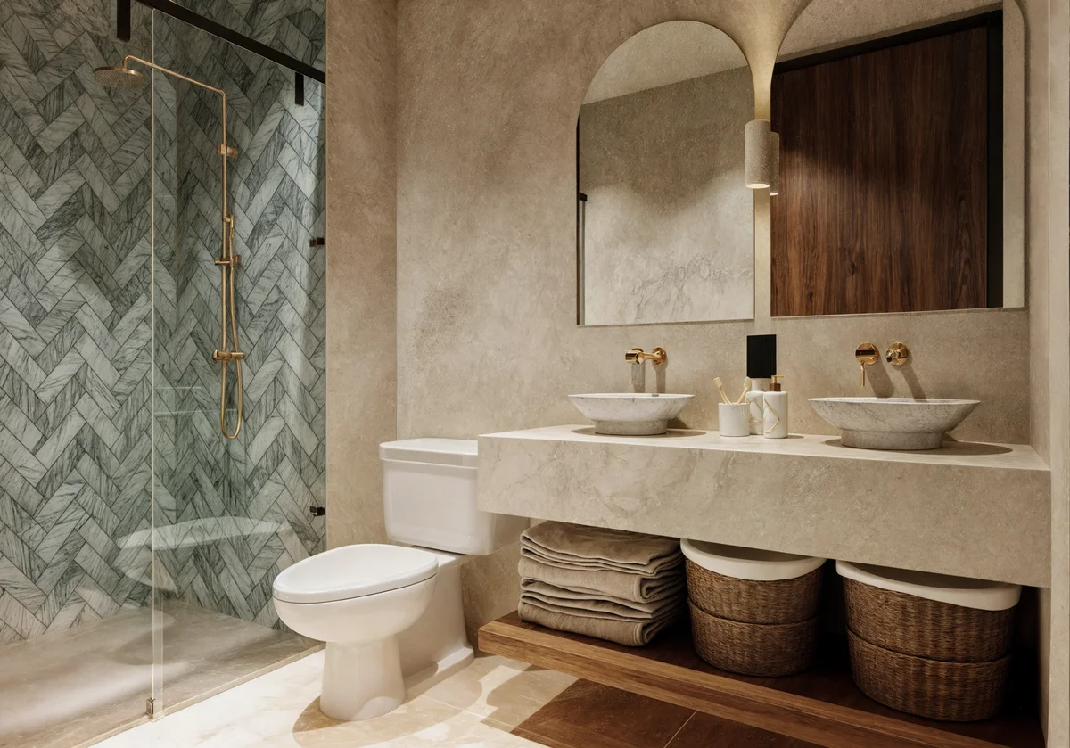 Image of a Modern Bathroom, featuring Walk-in Shower and Double Vanity.