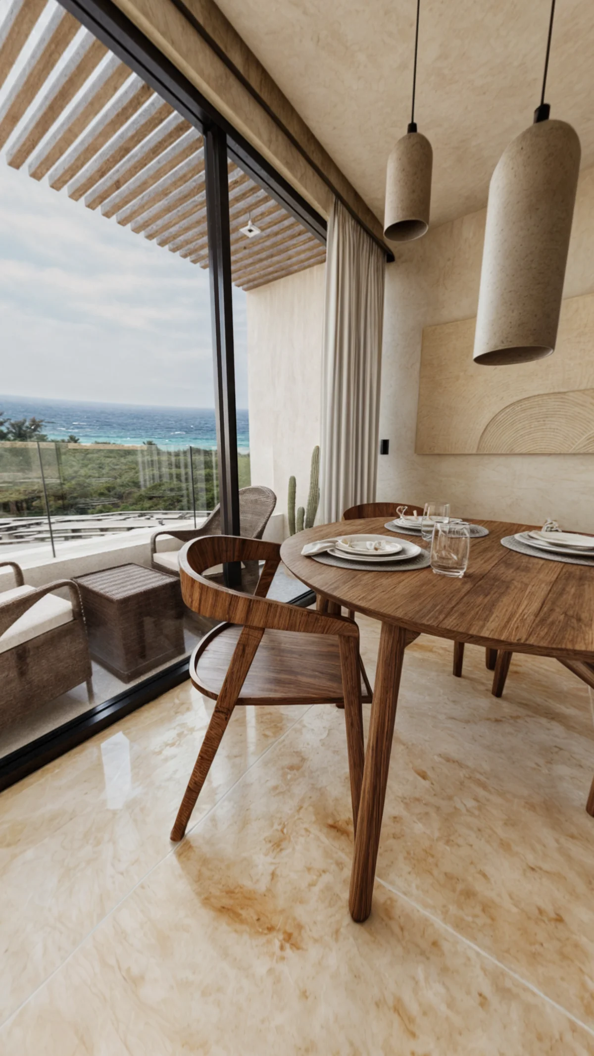 Image of a Dining Area, featuring Ocean View Balcony and Marble Flooring.