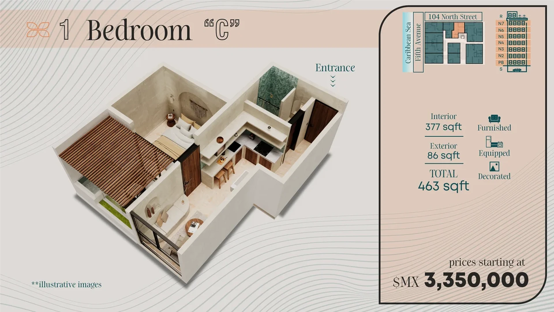 Image of a 1-Bedroom Layout, featuring Open-Concept Living and Fully Furnished.