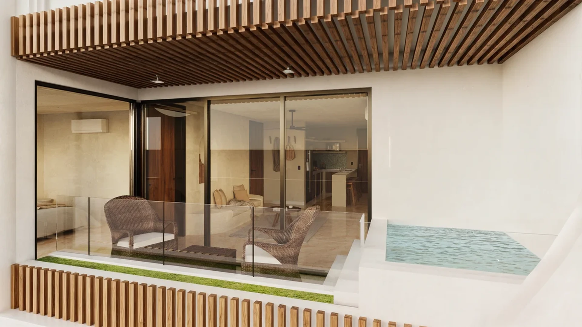 Image of a Private Plunge Pool, featuring Private Balcony and Wood Slat Accents.