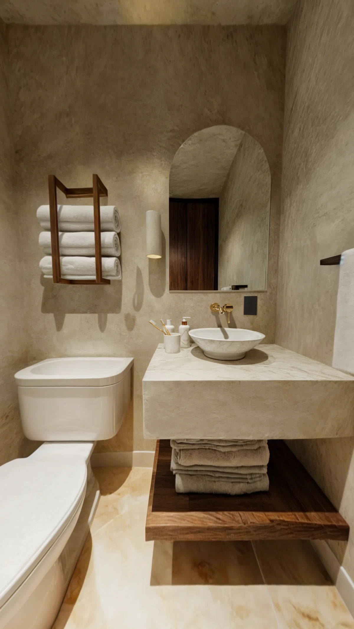 Image of a Modern Bathroom, featuring Stone Vanity and Vessel Sink.