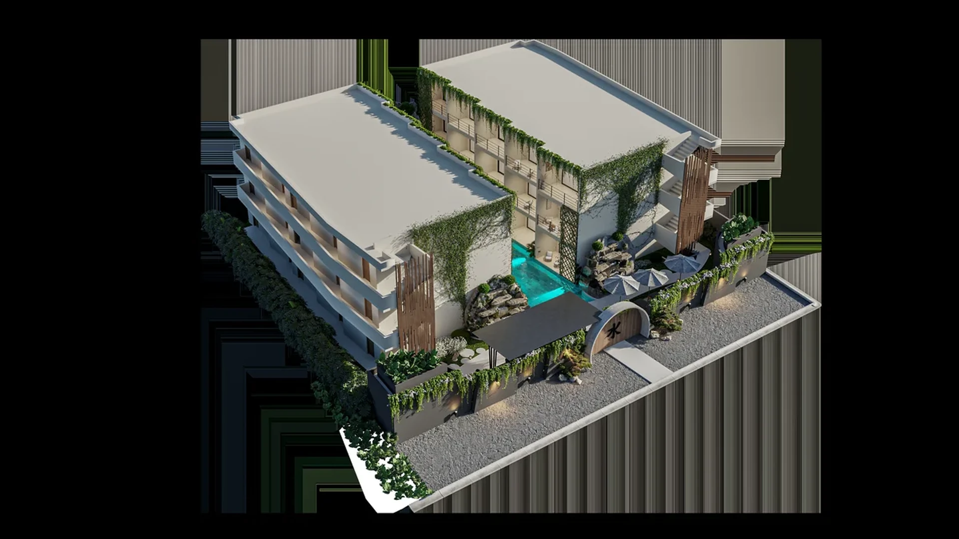 Image of a Modern Architecture, featuring Landscaped Courtyard and Lagoon-Style Pool.