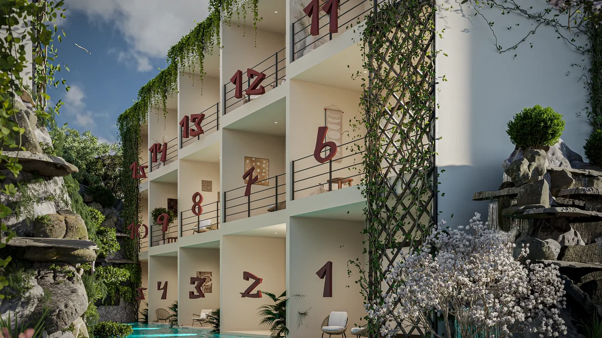 Image of a Resort-Style Pool, featuring Private Balconies and Modern Architecture.