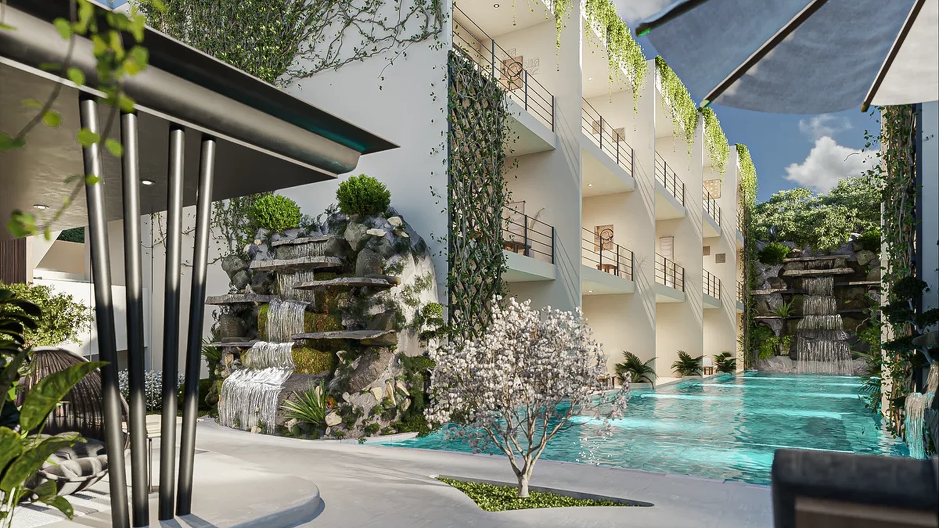 Image of a Resort-Style Pool, featuring Waterfall Feature and Lush Landscaping.