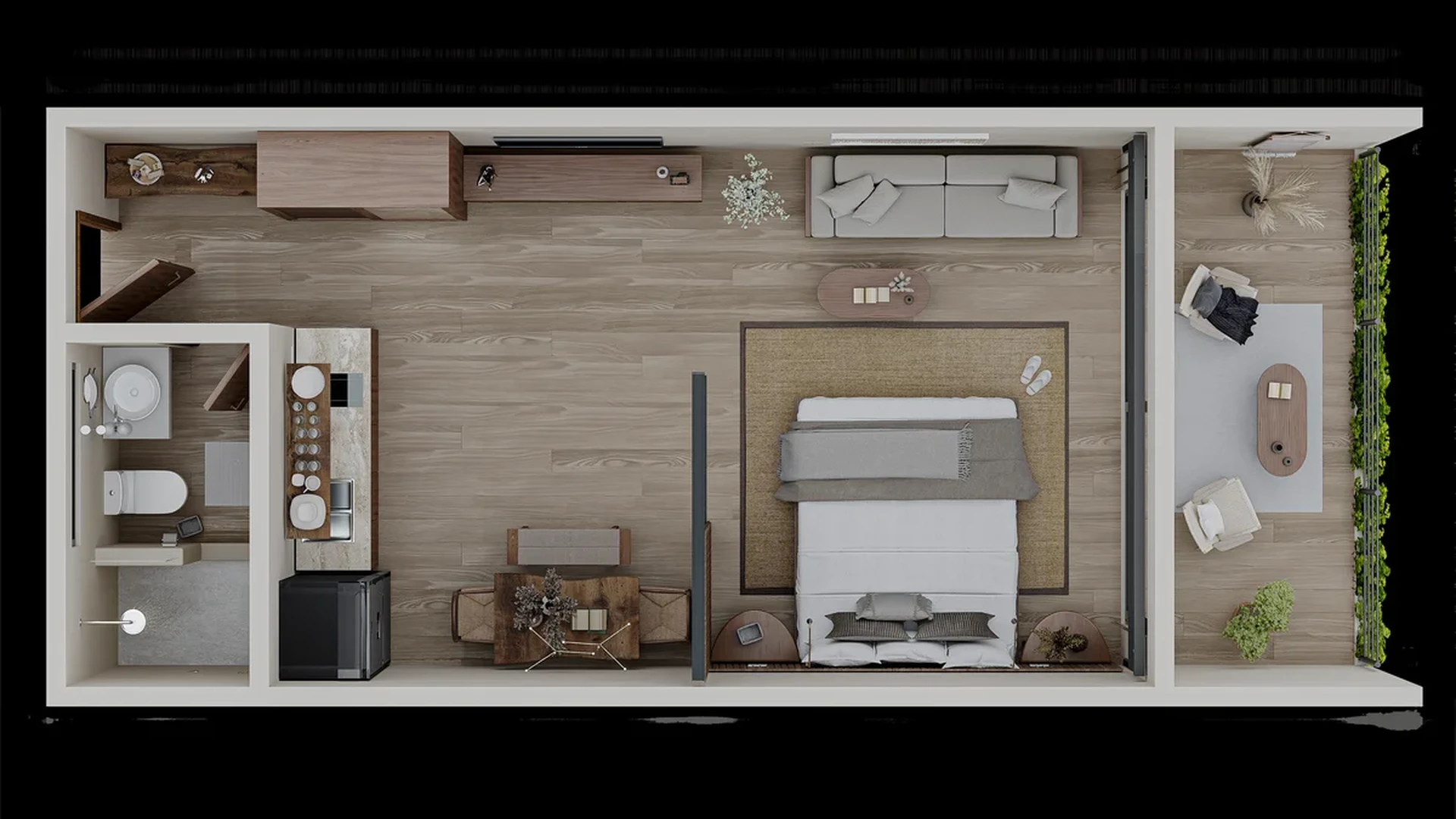 Image of a Studio Apartment Layout, featuring Open-Concept Living and Private Balcony.