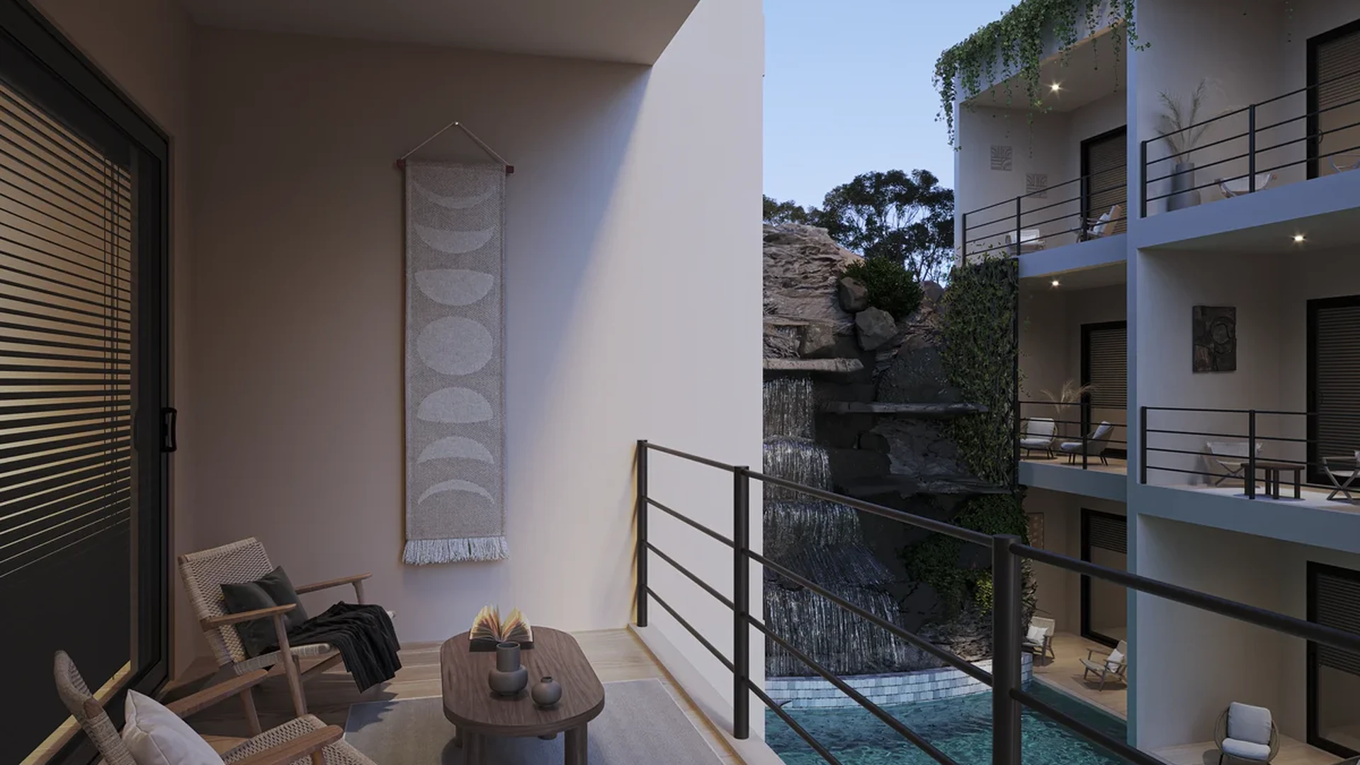 Image of a Private Balcony, featuring Pool View and Outdoor Seating Area.