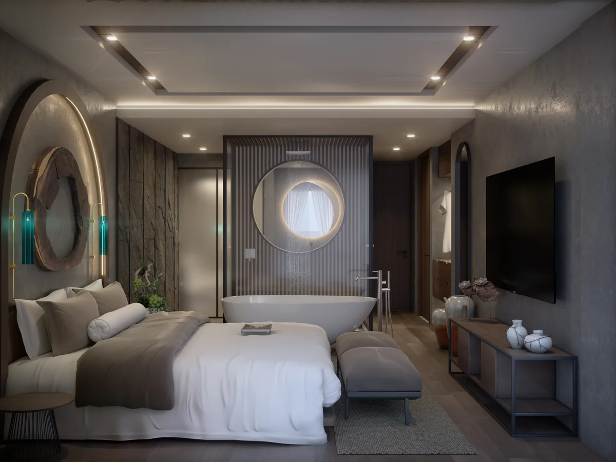 Image of a Luxury Bedroom Suite, featuring Freestanding Bathtub and Open Concept Bathroom.