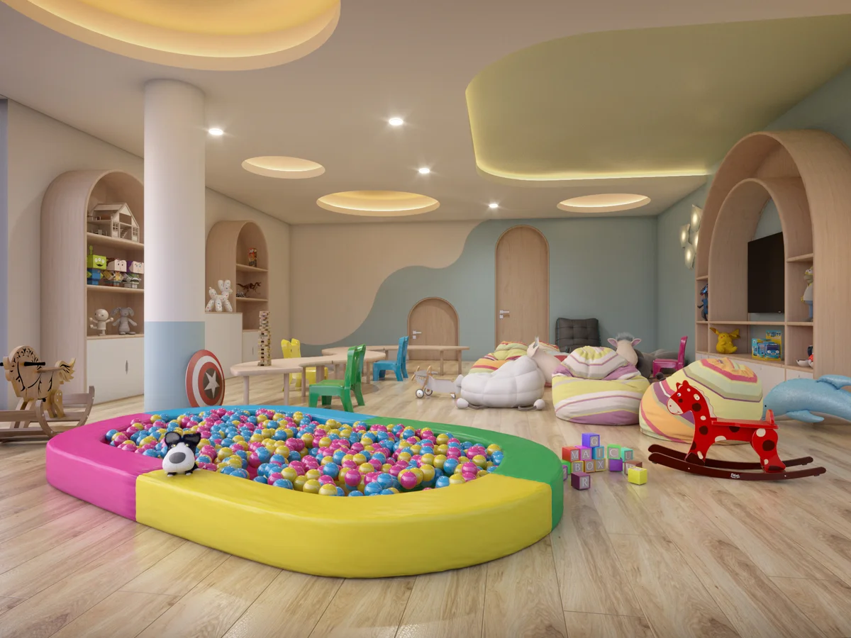 Image of a Kids' Playroom, featuring Ball Pit and Wood Flooring.