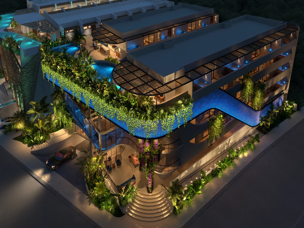 Image of a Modern Architecture, featuring Rooftop Pool and Lush Greenery.