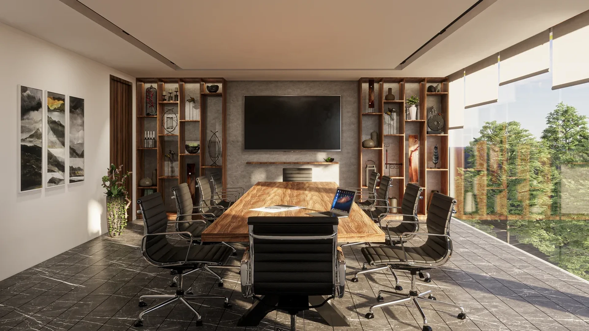 Image of a Conference Room, featuring Floor-to-Ceiling Windows and Marble Tile Flooring.