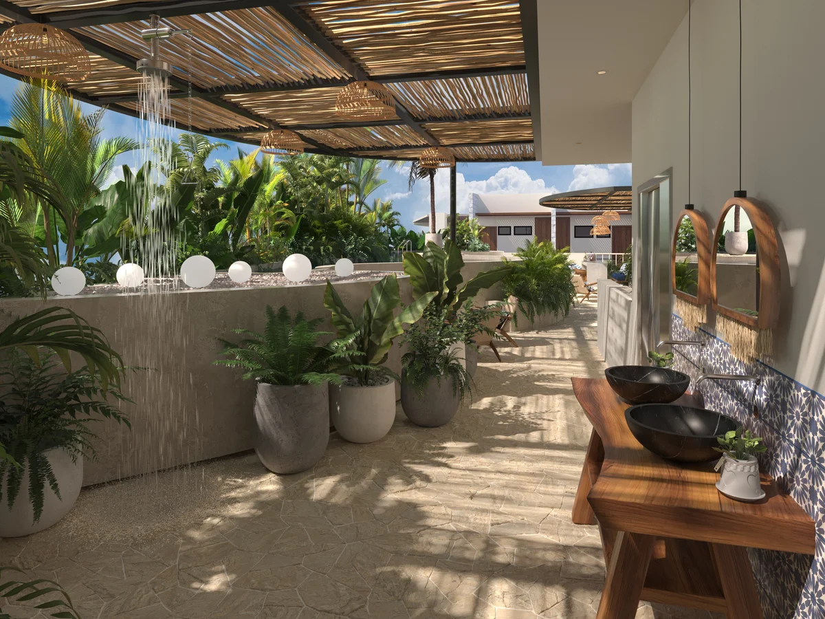 Image of a Rooftop Terrace, featuring Outdoor Shower and Double Vanity.