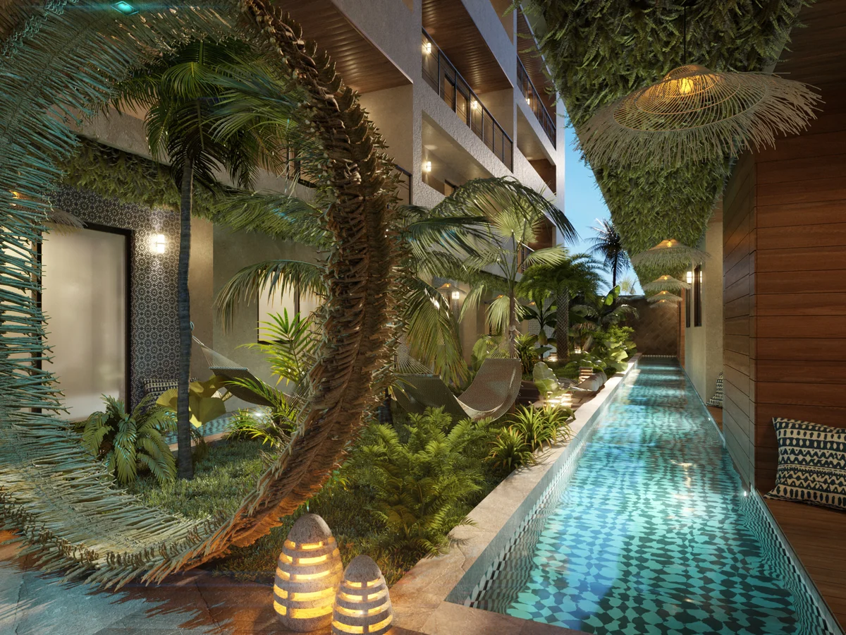 Image of a Lap Pool, featuring Lush Garden and Tropical Modern Design.