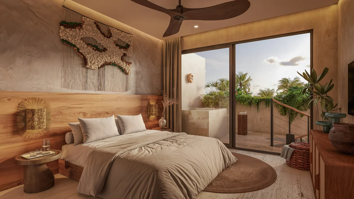 Image of a Primary Bedroom, featuring Private Balcony and Outdoor Soaking Tub.