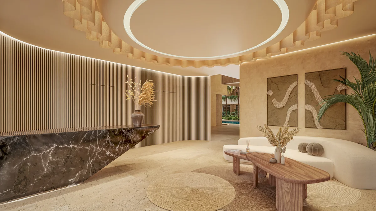 Image of a Luxury Lobby, featuring Lounge Area and Marble Reception Desk.