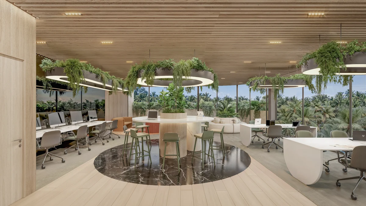 Image of a Coworking Space, featuring Biophilic Design and Wood Slat Ceiling.