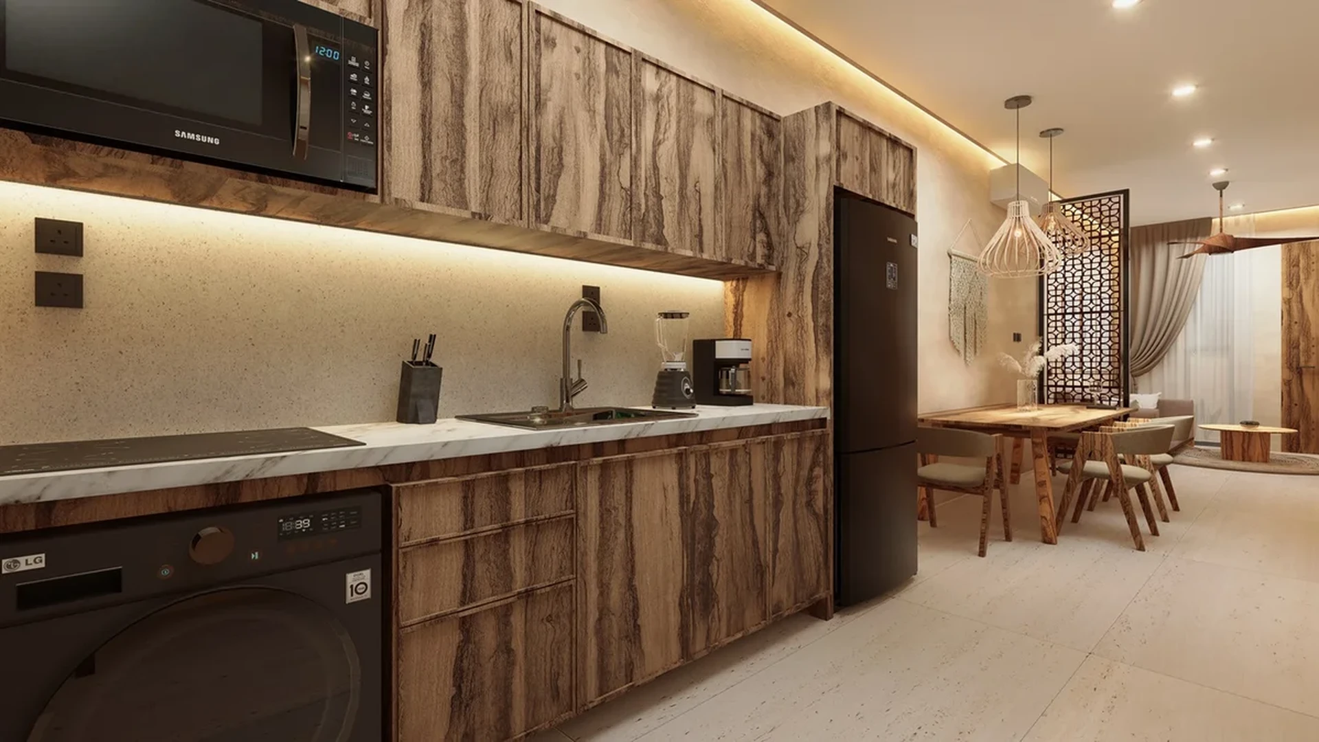 Image of a Modern Kitchen, featuring Wood-Grain Cabinetry and Marble Countertops.