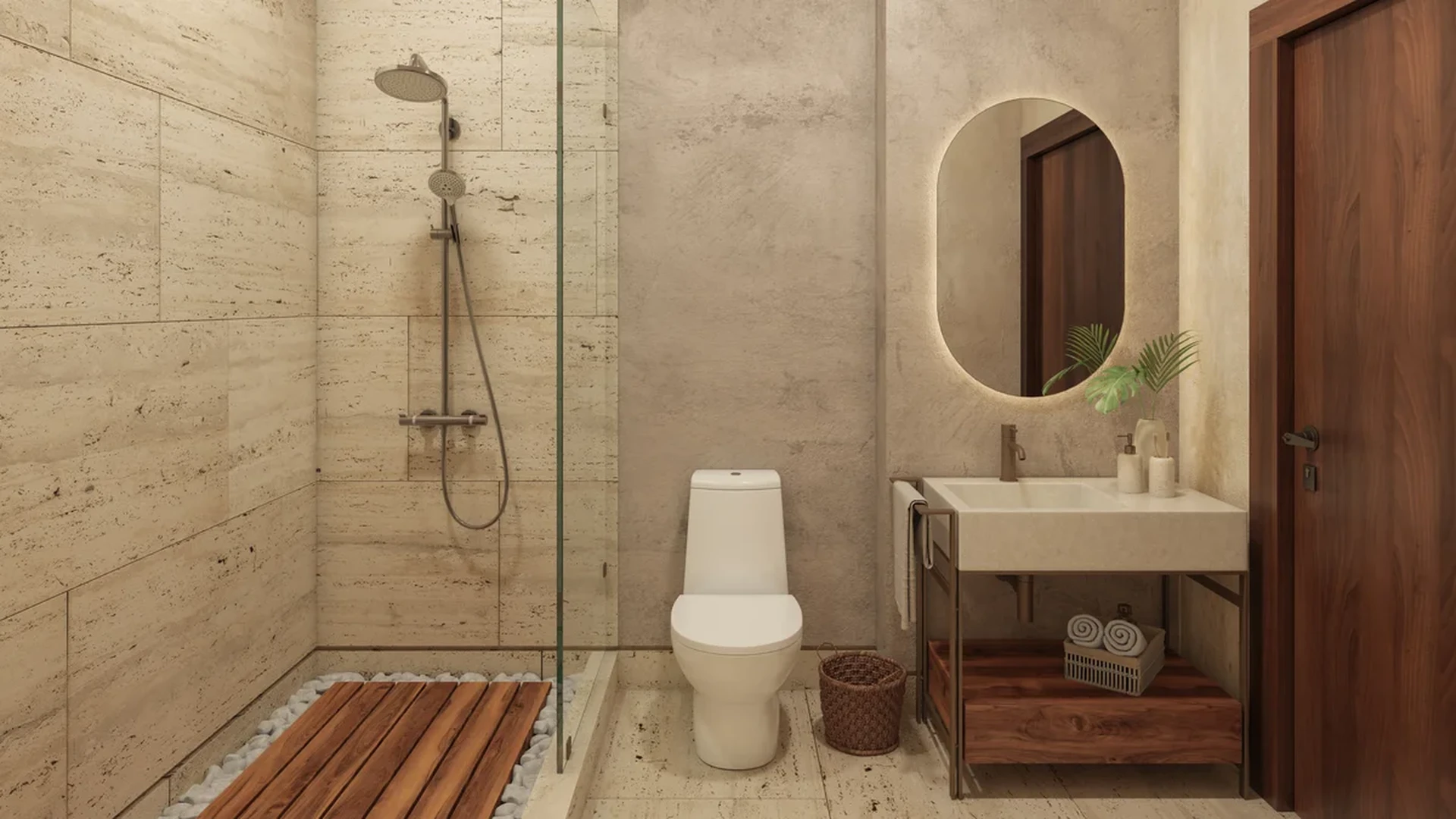 Image of a Modern Bathroom, featuring Walk-In Shower and Travertine Tiling.