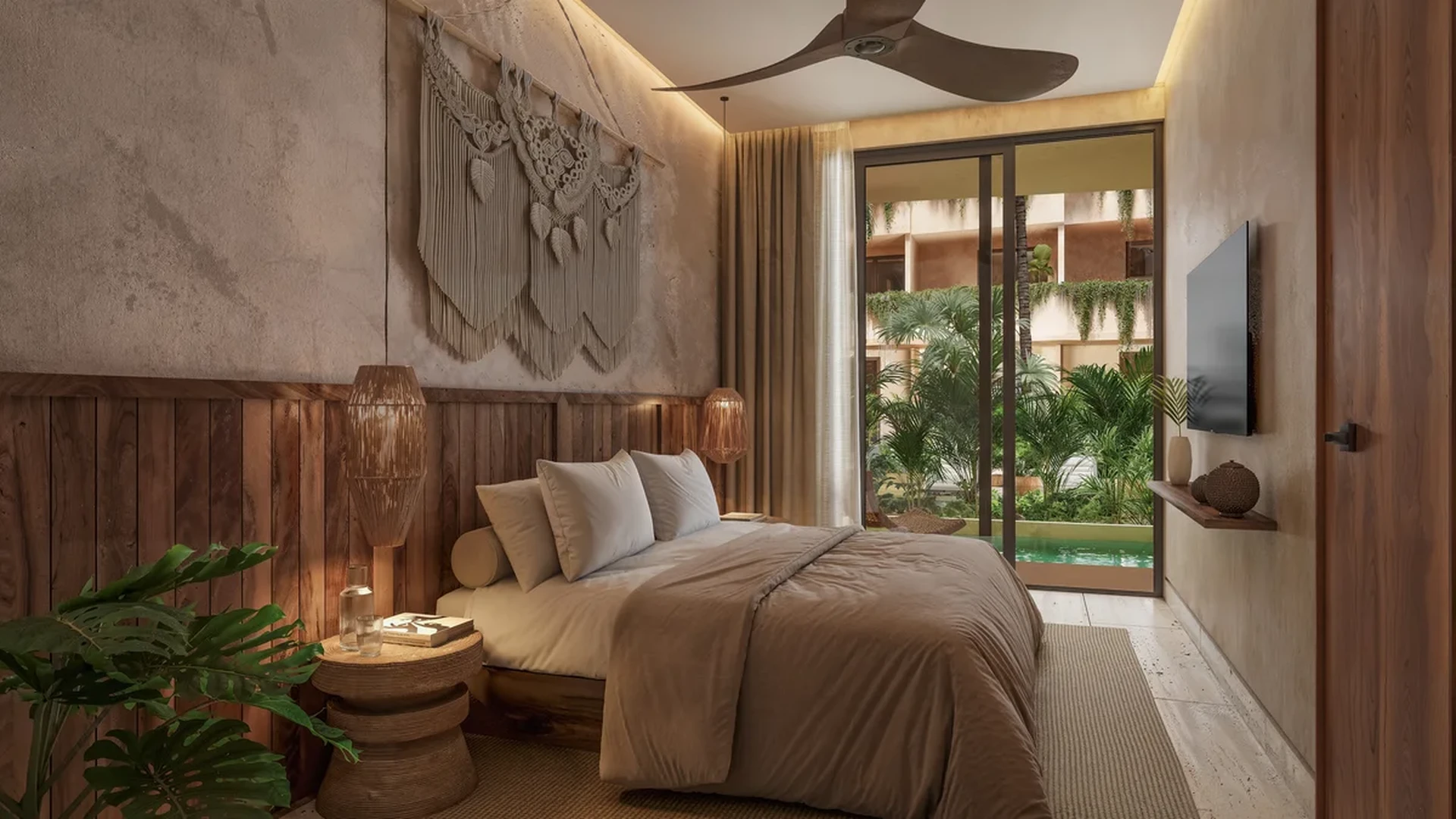 Image of a Master Bedroom, featuring Private Plunge Pool and Bohemian Decor.