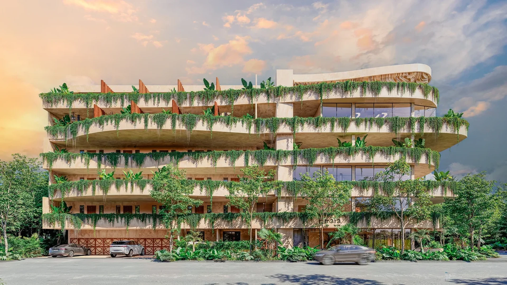 Image of a Modern Architecture, featuring Curved Balconies and Vertical Gardens.