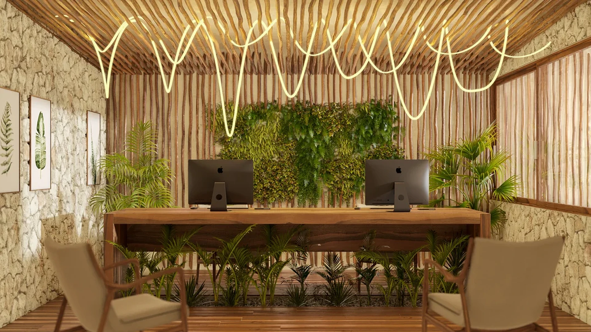 Image of a Reception Area, featuring Biophilic Design and Natural Stone Walls.