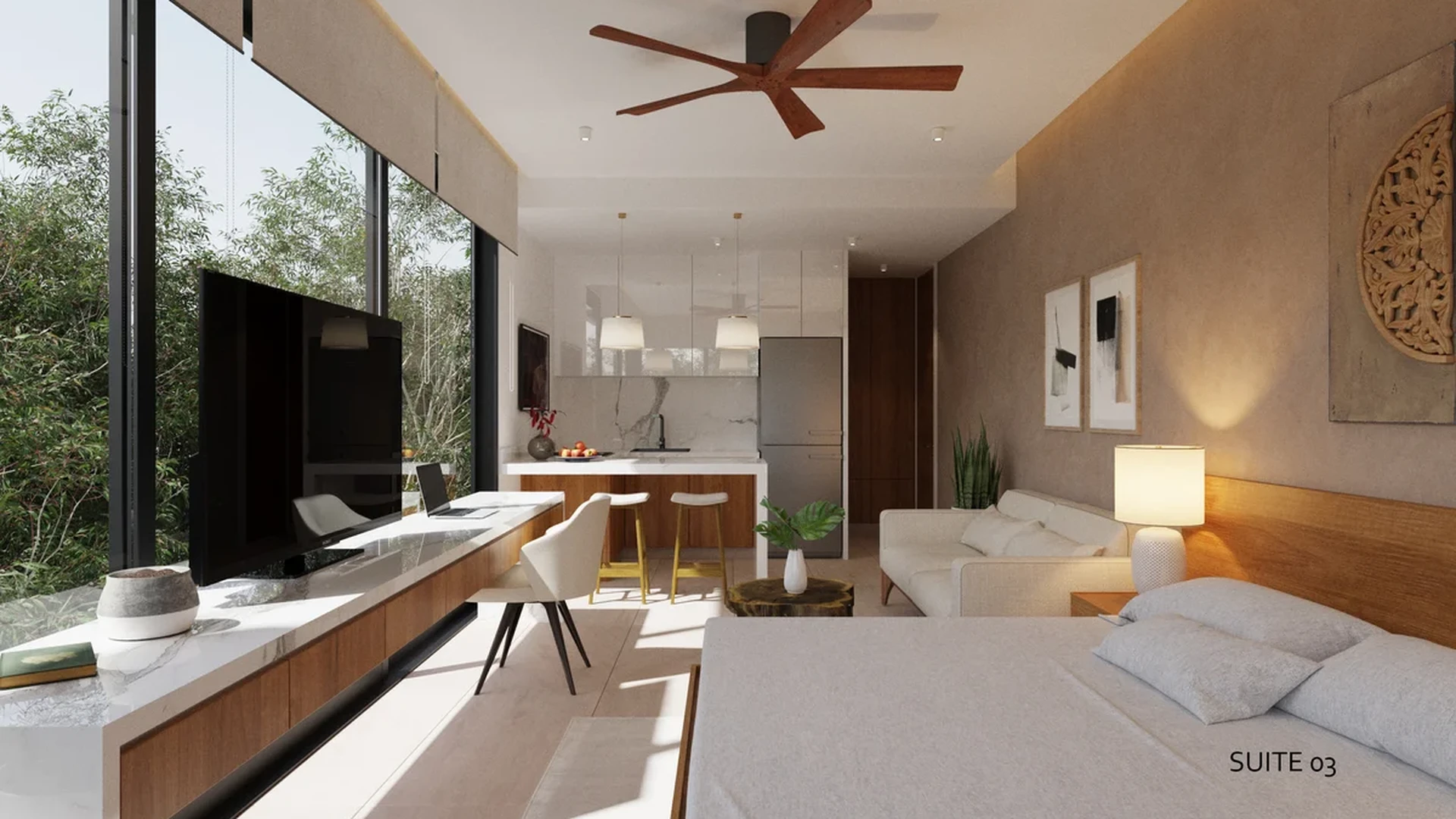 View of Modern Studio at Elysium, showcasing Open Concept Living, Integrated Kitchen.