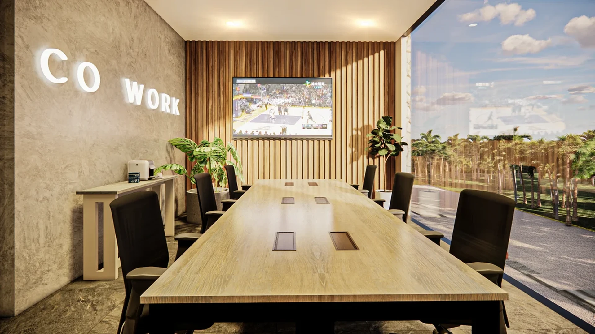 Image of a Coworking Space, featuring Conference Room and Wood Slat Wall.