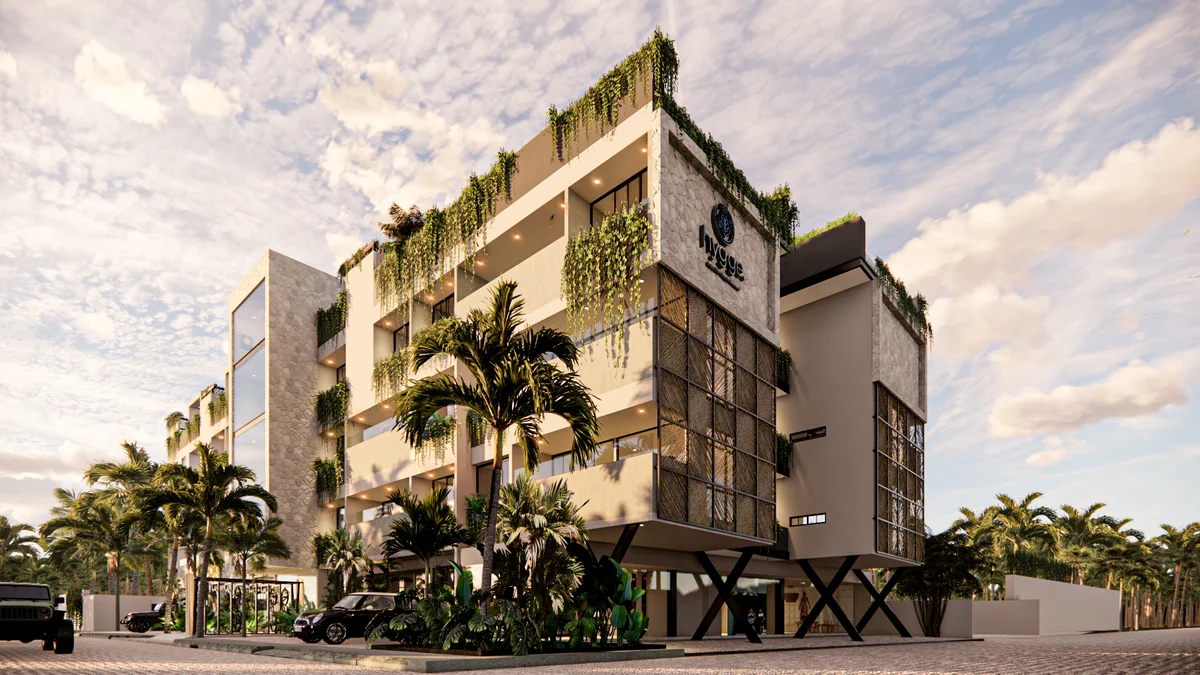 Image of a Modern Tropical Architecture, featuring Stone Facade and Private Balconies.