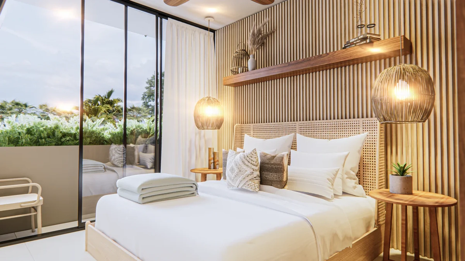 Image of a Bedroom Suite, featuring Bohemian Decor and Wood Slat Accent Wall.
