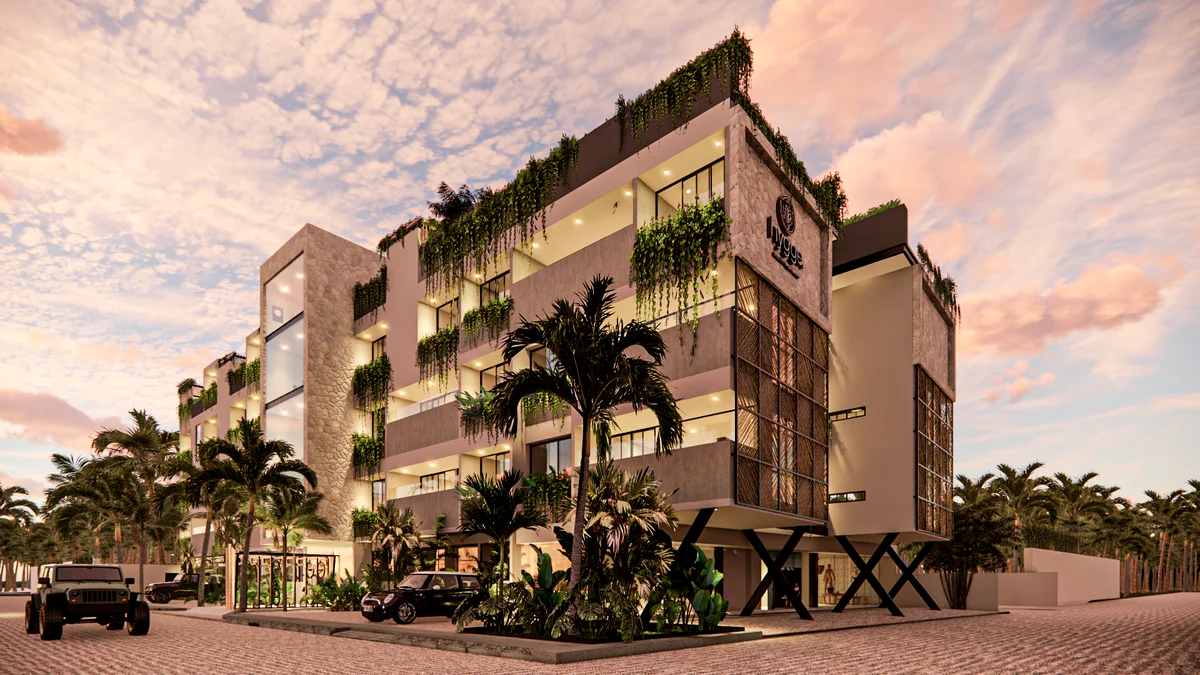 Image of a Modern Tropical Architecture, featuring Lush Vertical Gardens and Private Balconies.