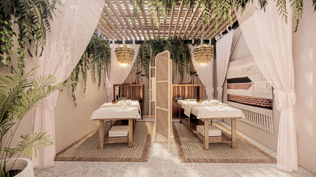 Image of a Spa Treatment Room, featuring Bohemian Decor and Wood Slat Ceiling.