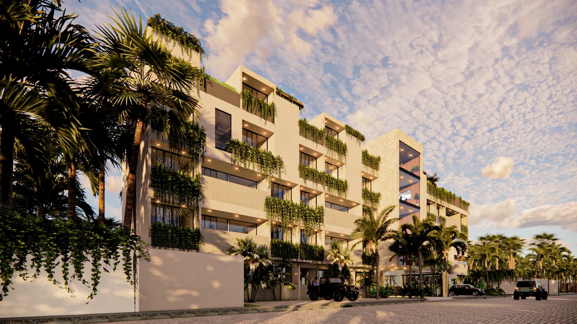 Image of a Modern Apartment Building, featuring Lush Greenery and Private Balconies.