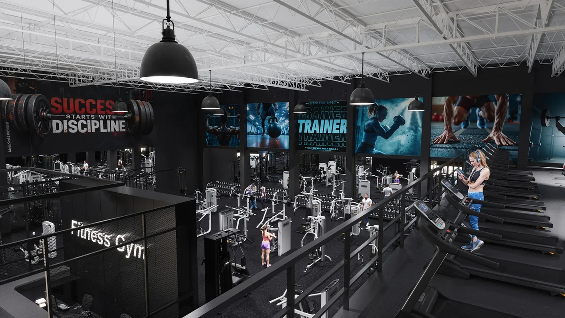 Image of a Fitness Center, featuring Modern Gym and Industrial Design.