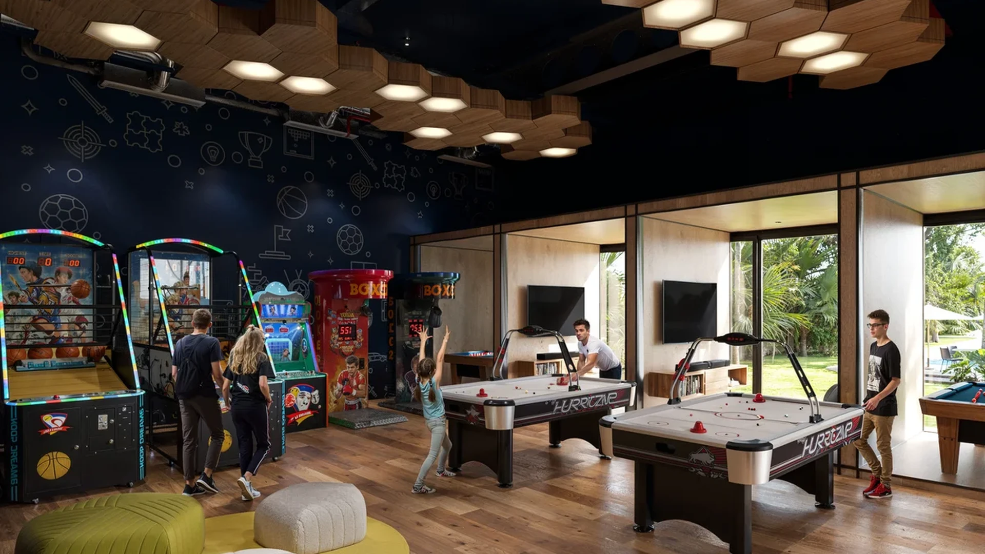 Image of a Game Room, featuring Arcade Games and Air Hockey Tables.