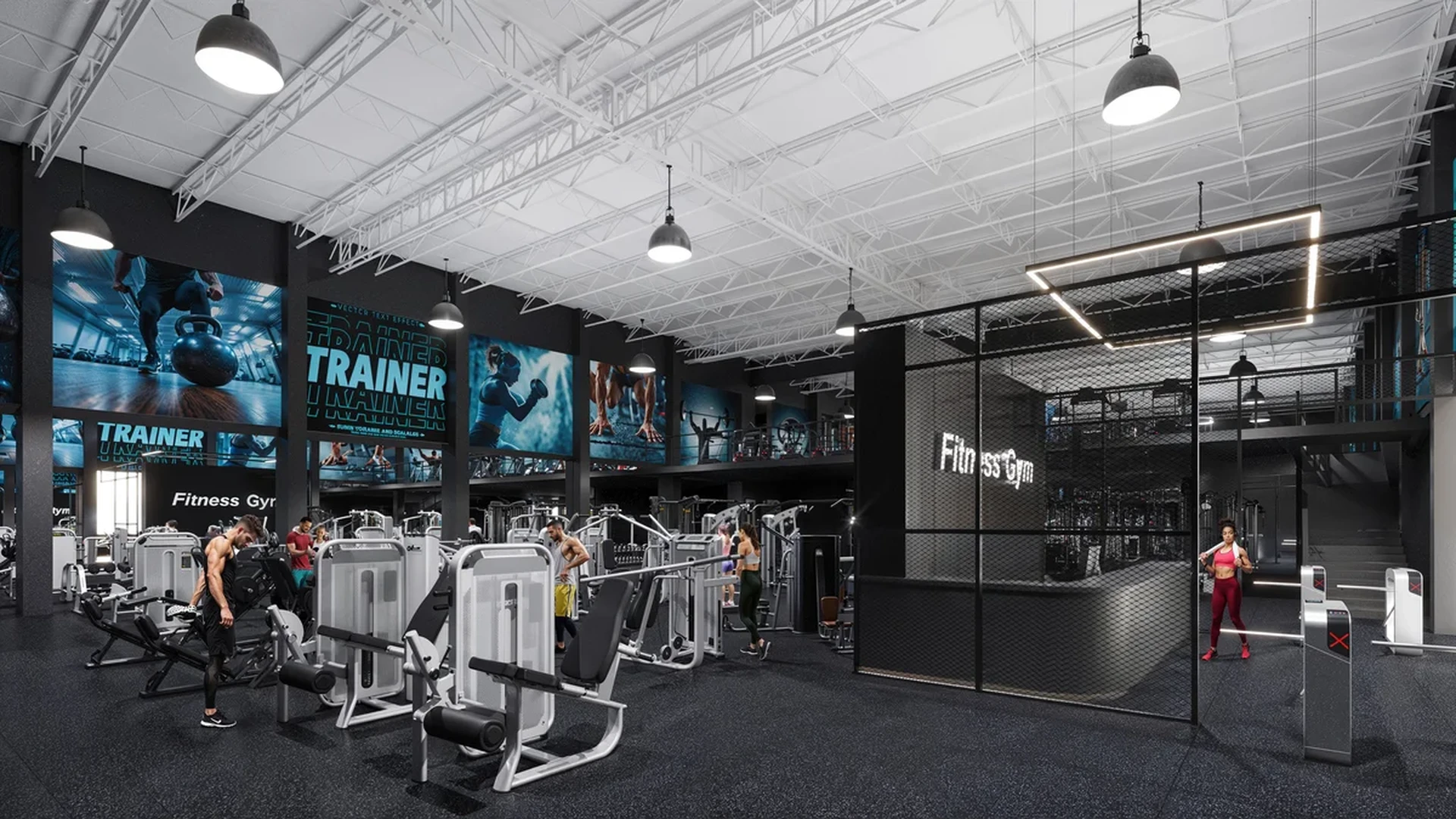 Image of a Modern Fitness Center, featuring Strength Training Equipment and Industrial High Ceilings.