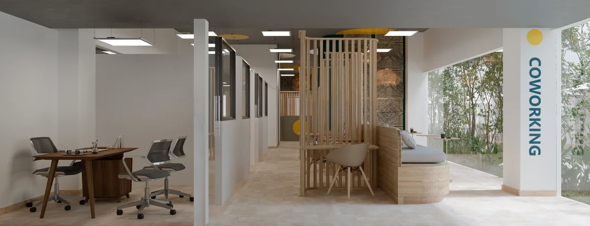 Image of a Coworking Space, featuring Modern Office and Private Offices.