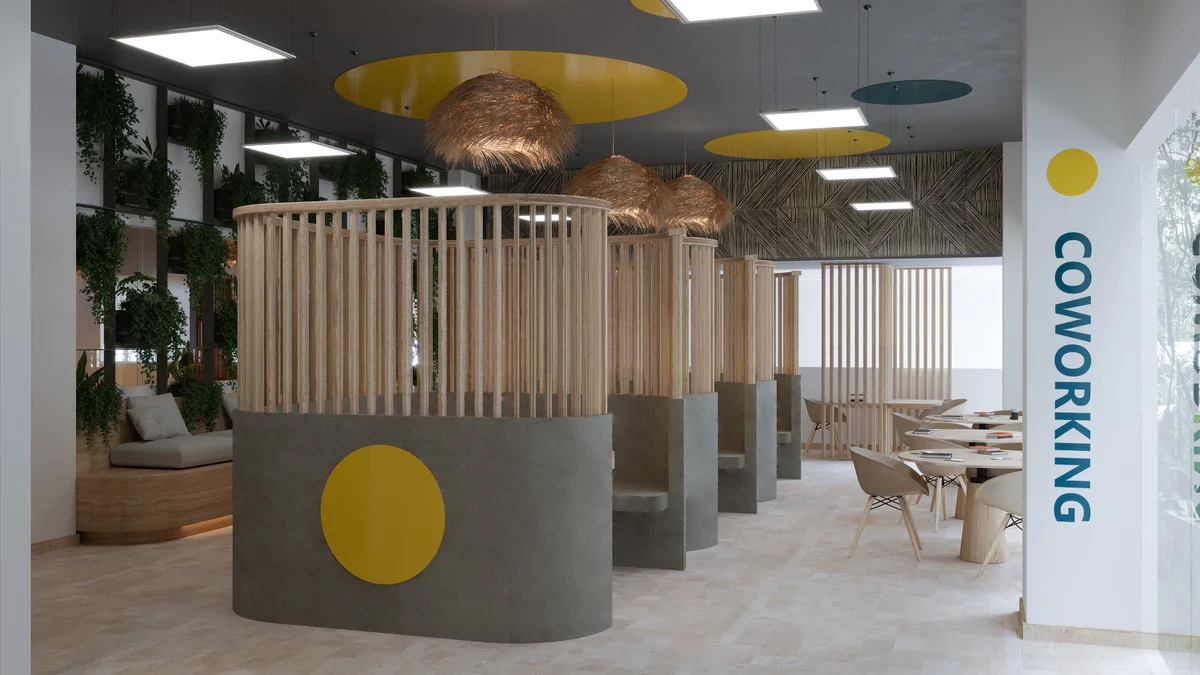 Image of a Coworking Space, featuring Shared Workspace and Private Booths.