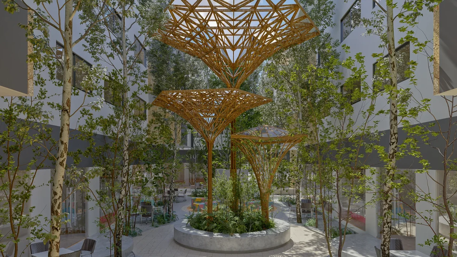 Image of a Landscaped Courtyard, featuring Modern Architecture and Architectural Canopy.