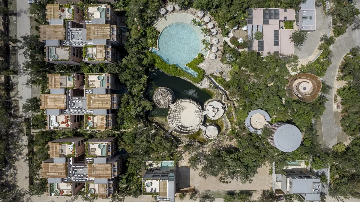 Image of a Aerial View, featuring Luxury Resort Complex and Rooftop Terrace.