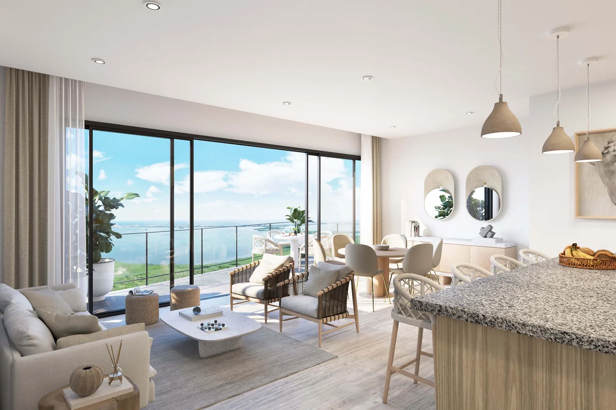 Image of a Open Concept Living, featuring Waterfront View and Private Balcony.