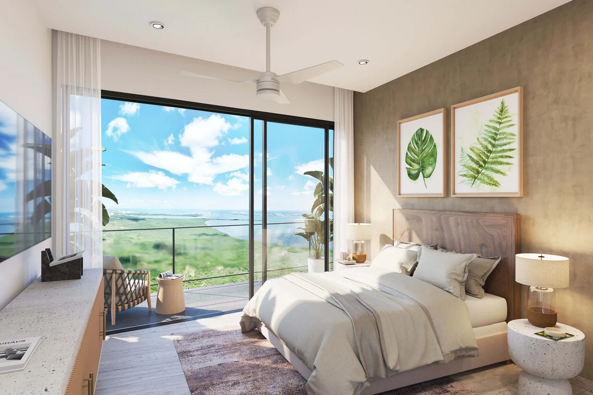 Image of a Master Bedroom, featuring Ocean View Balcony and Floor-to-Ceiling Windows.