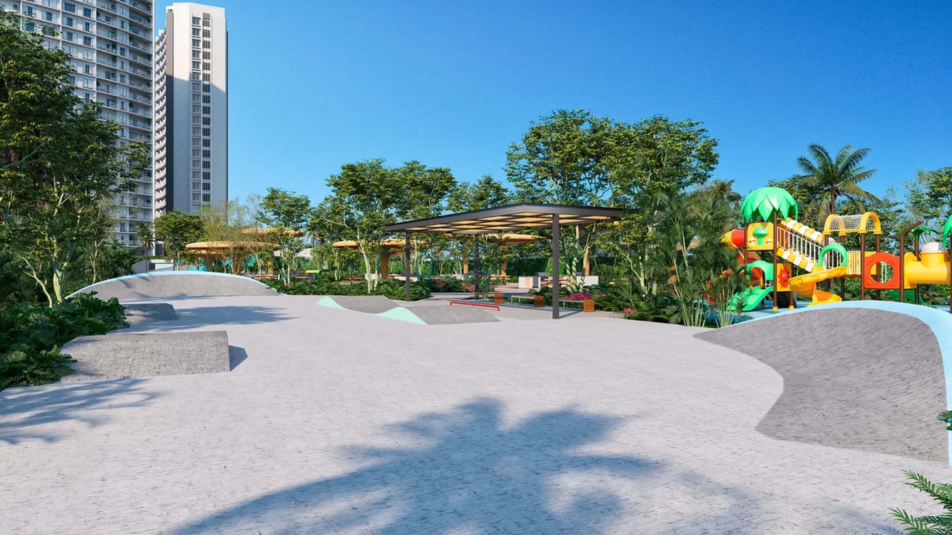 Image of a Skate Park, featuring Children's Playground and Outdoor Lounge.