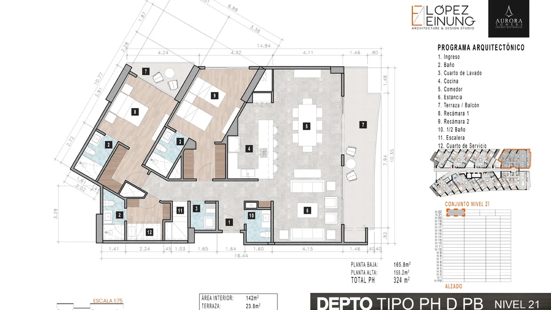 Image of a Penthouse Apartment, featuring Architectural Floor Plan and Open Concept Living.