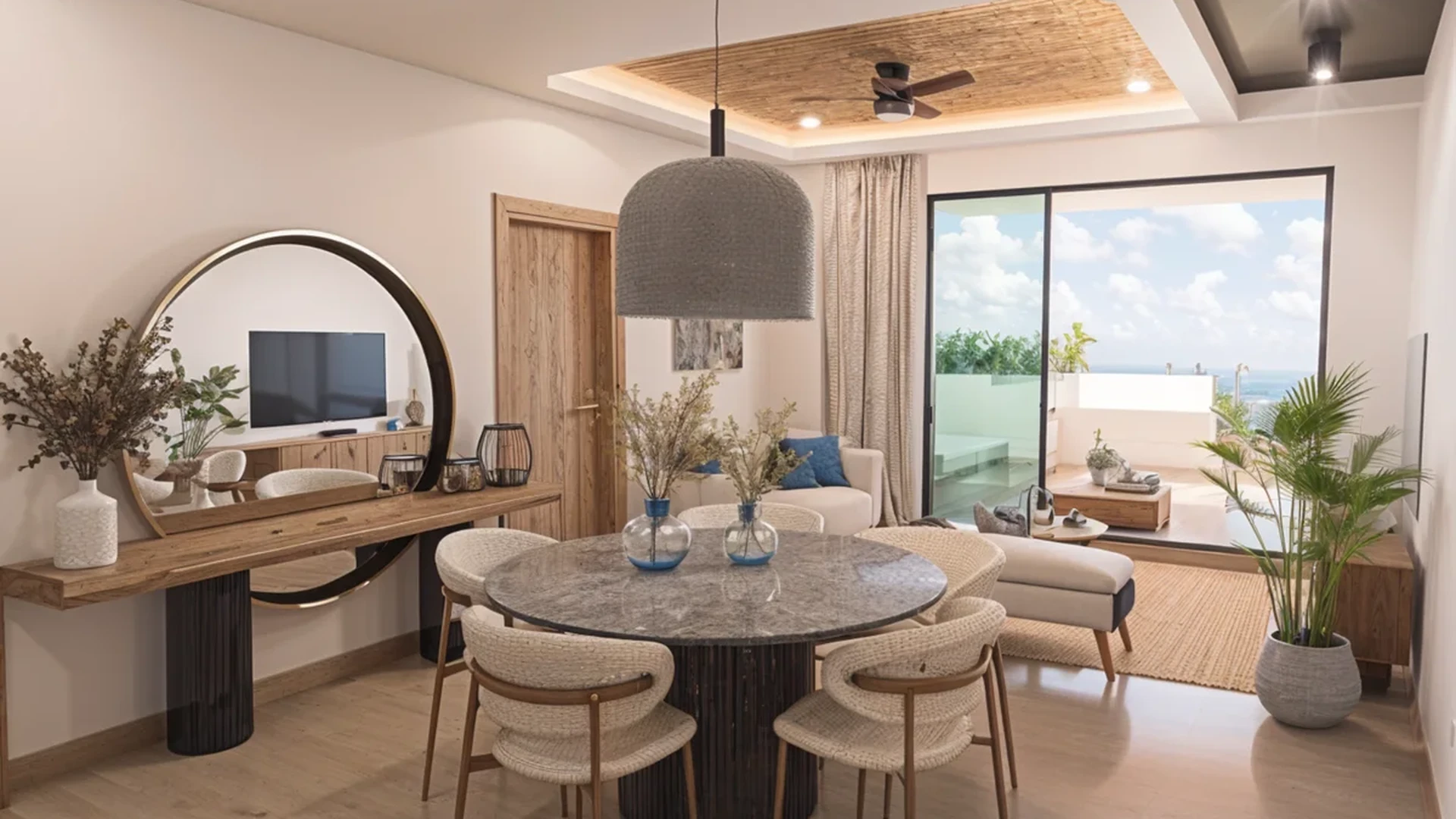 A bottom-center view of a Kitchen & dining room table featuring furniture and interior design.