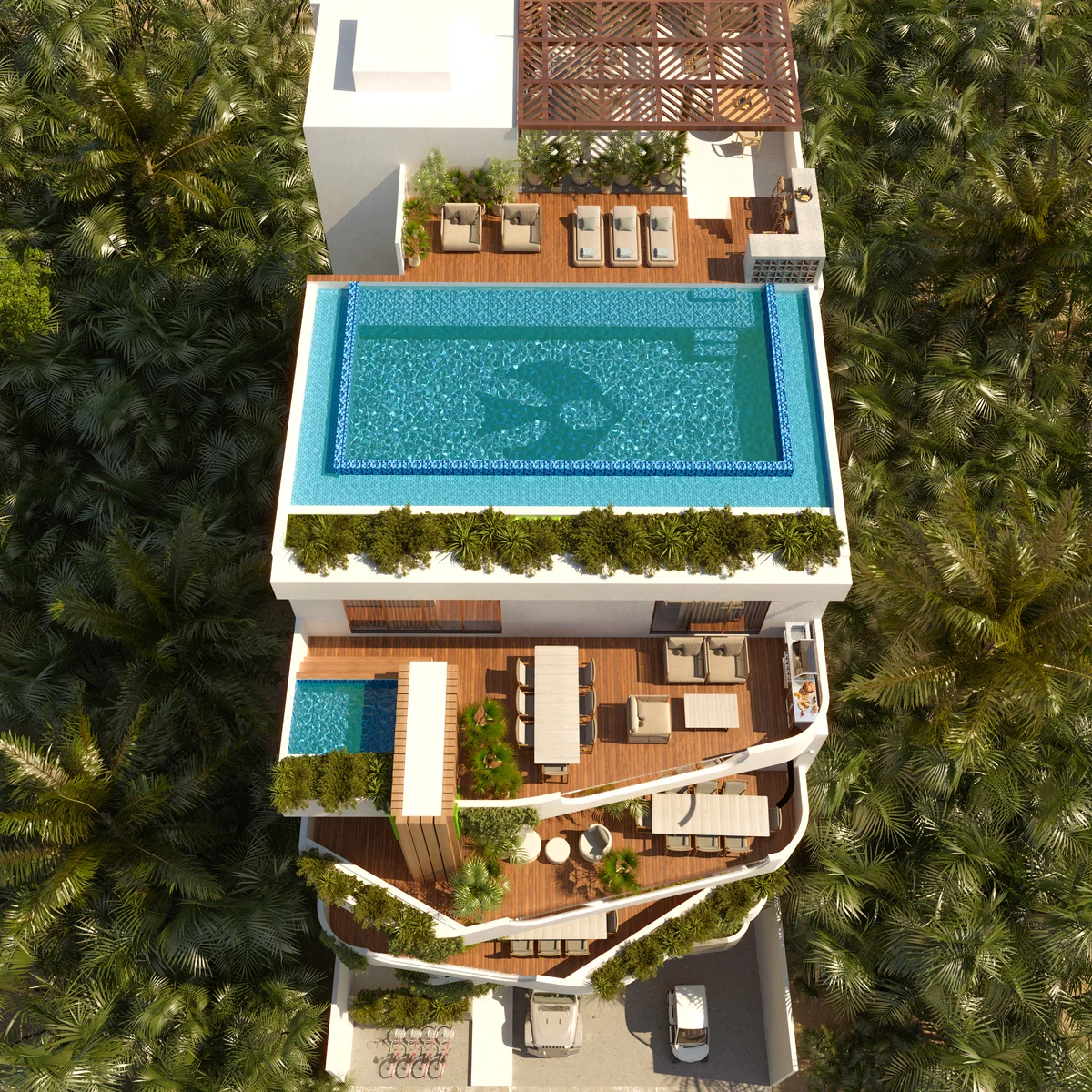 Image of a Rooftop Pool, featuring Modern Villa and Multi-Level Terraces.