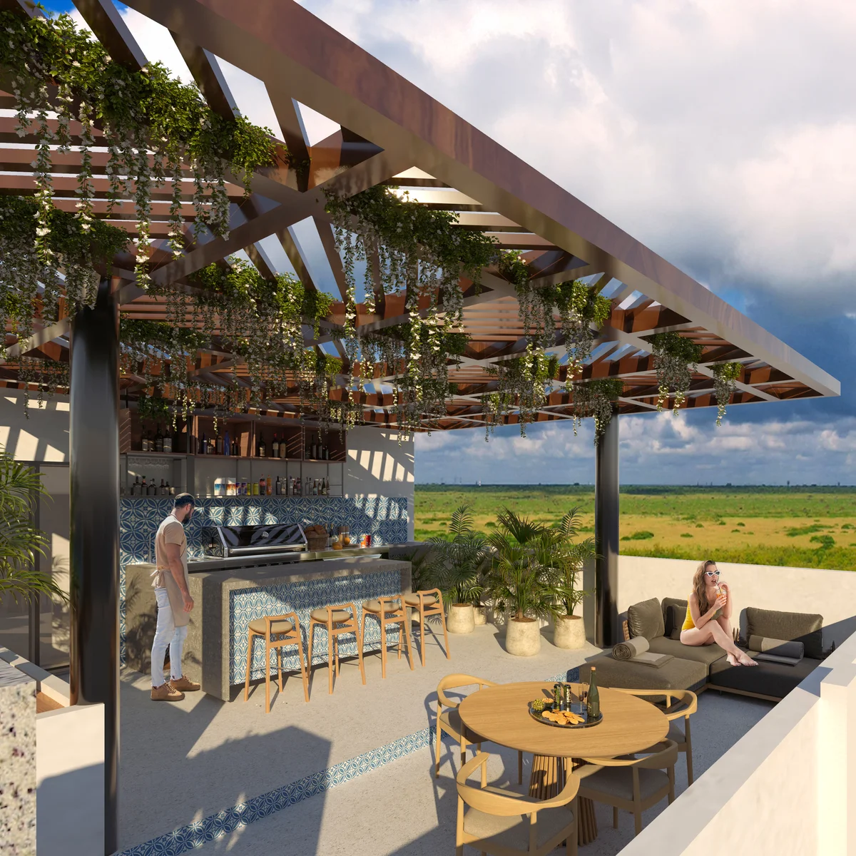 Image of a Rooftop Terrace, featuring Outdoor Bar and Lounge Area.