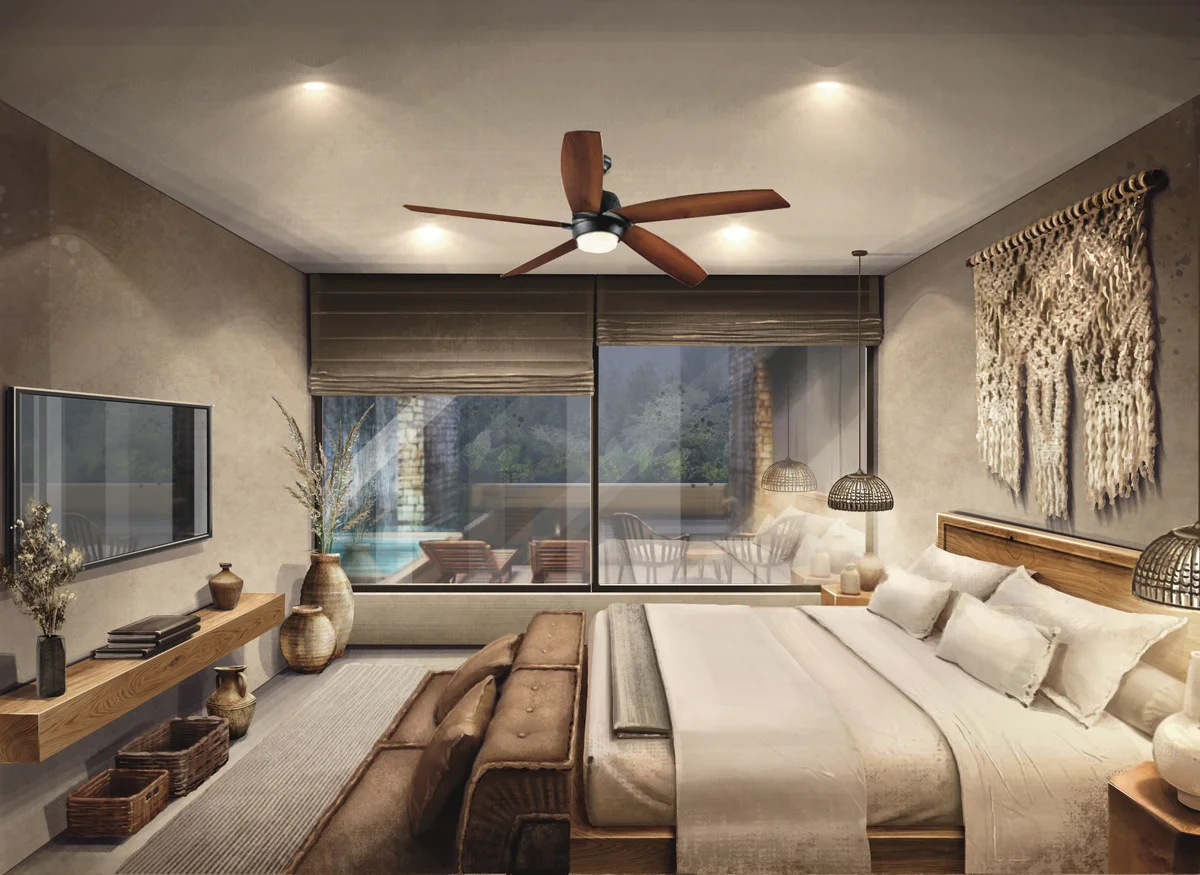 Image of a Master Bedroom, featuring Pool View Terrace and Floor-to-Ceiling Windows.
