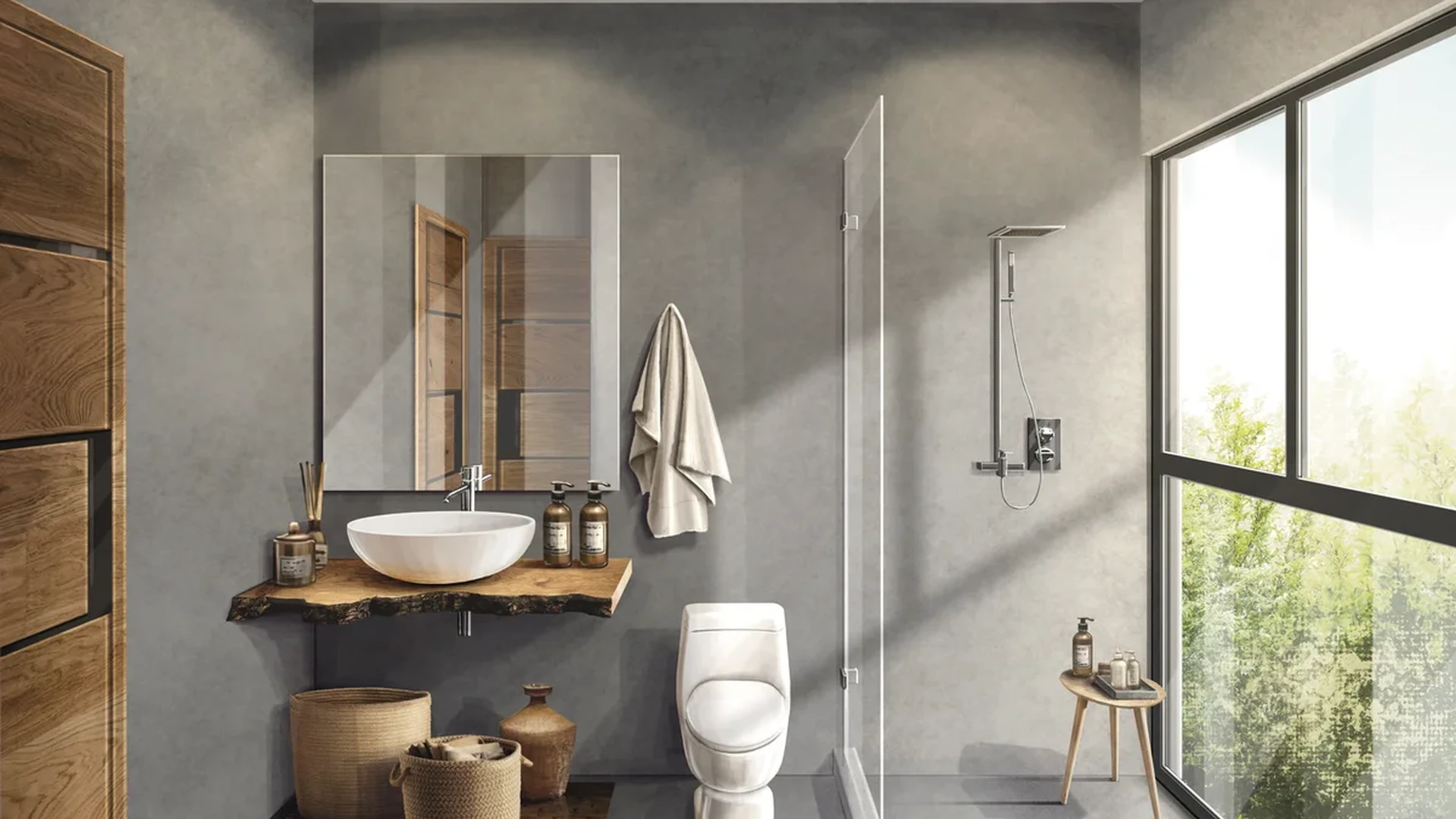 Image of a Modern Bathroom, featuring Walk-in Shower and Concrete Walls.