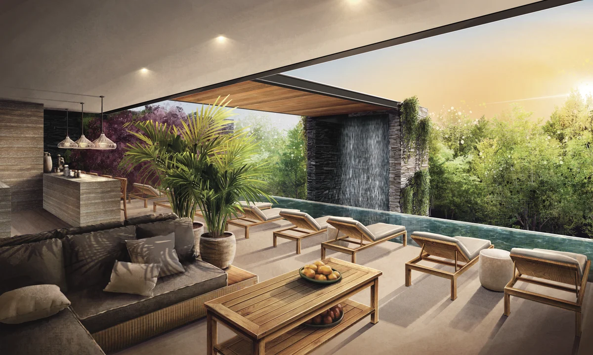 Image of a Infinity Pool, featuring Poolside Lounge and Waterfall Feature.