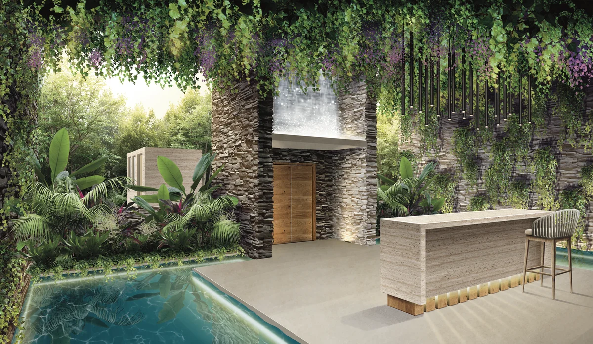Image of a Poolside Lounge, featuring Waterfall Feature and Stacked Stone Walls.