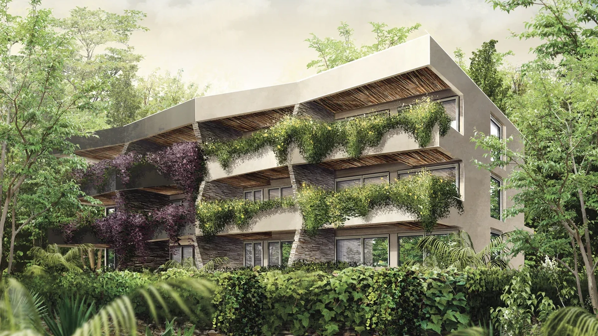 Image of a Organic Modern Architecture, featuring Lush Landscaping and Private Balconies.